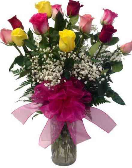 Dozen Mixed Color Roses Vase Delivery Buffalo NY